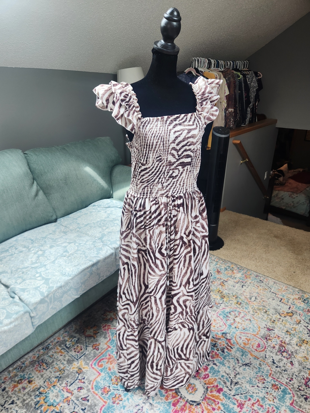 Truly 4 U Smocked Zebra-Print Maxi Dress in Cream and Brown 1X Plus Adorable
